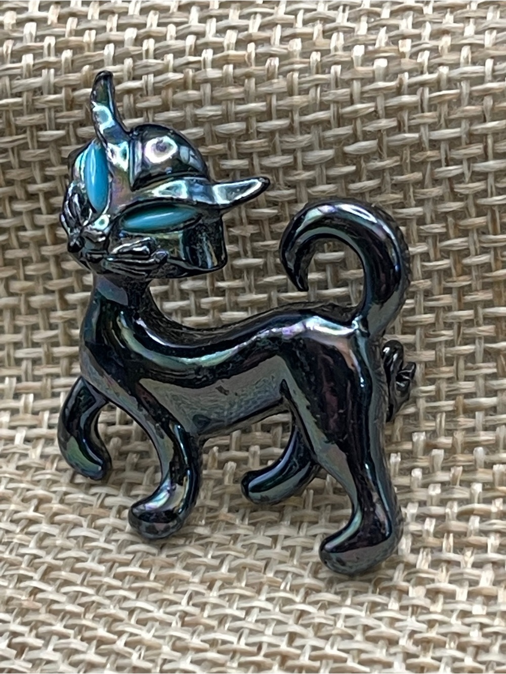 Vintage Hematite Cat Brooch Pin Turquoise Blue Eyes Iridescent Figural